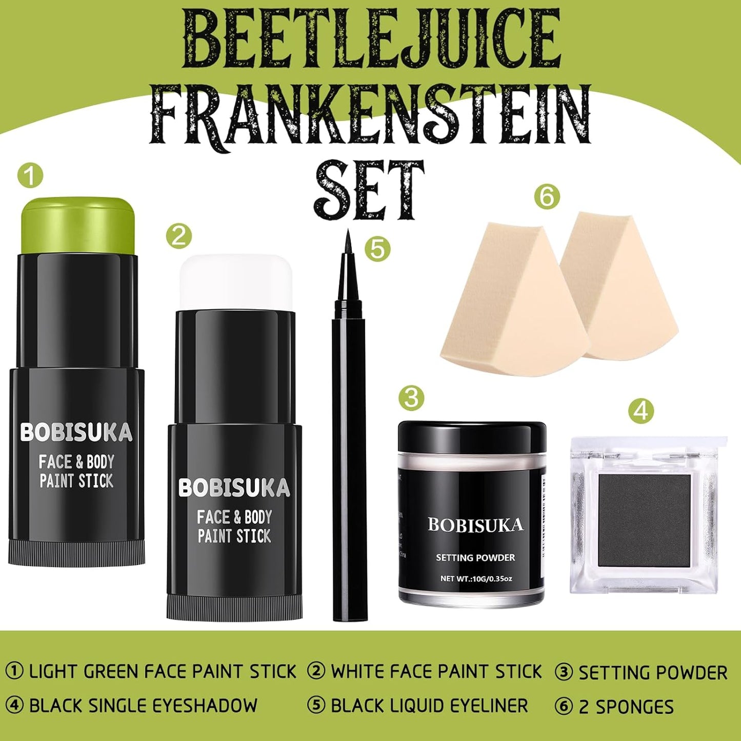 BOBISUKA Light Green & White Face Body Paint Stick Kit with Black Eyeshadow, Black Liquid Eyeliner, Setting Powder & 2 Sponges – Halloween Cosplay Makeup Set for Witch, Beetle Juice, Monster, Goblin