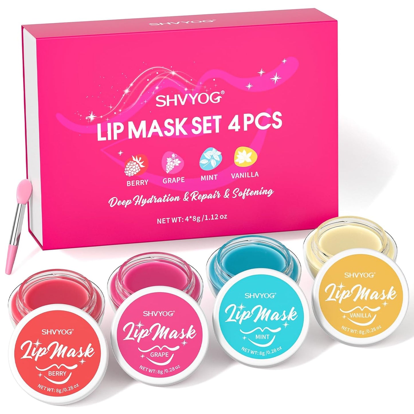 4 Pack Lip Mask Set - Berry, Grape, Mint, Vanilla Flavors - Hydrating Overnight Lip Mask for Soft, Smooth Lips, Lip Sleeping Mask for Chapped, Dry Lips with Vitamin C & Shea Butter