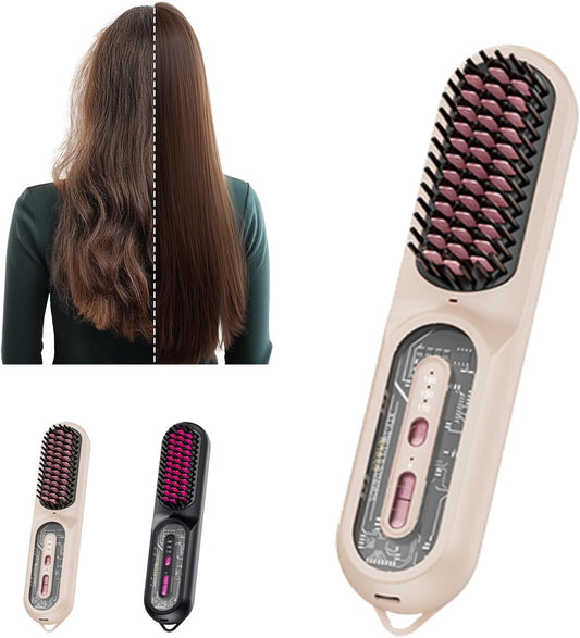 Travel Brush for Women, Portable Cordless Hair Straightener Brush, Mini Hair Straightener with 9600mAh Battery, Fast Charging & 100M Negative Ions - Cordless Portable Styler for On-The-Go (Pink)