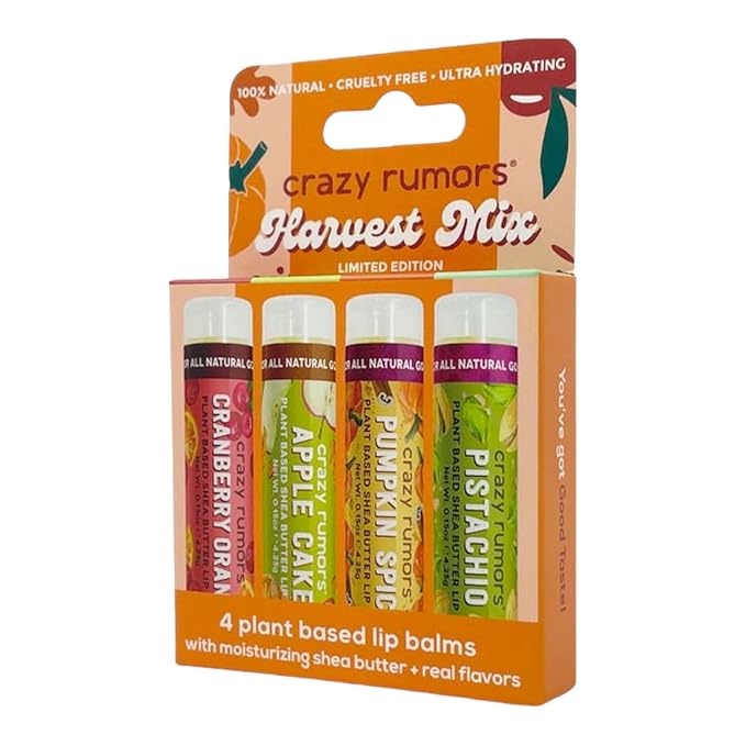 Crazy Rumors Harvest Lip Balm 4-Pack Mix (Cranberry Orange, Apple Cake, Pumpkin Spice, Pistachio)