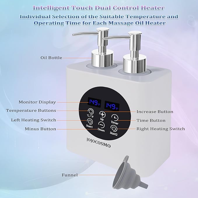 New Dual Control Massage Oil Warmer with Four Body Liquid Bottle Dispensers, Shampoo Heater Form 86 to 149 ℉, Reserve Heating time, for Salon, Home,SPA Essential Oil Lotion Warmer