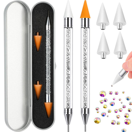 Tatuo 2 Pieces Rhinestone Picker Dotting Pen, Dual-ended Rhinestone Gems Crystals Studs Picker Wax Pencil Pen Crystal Beads Handle Manicure Nail Art DIY Decoration Tool (White)