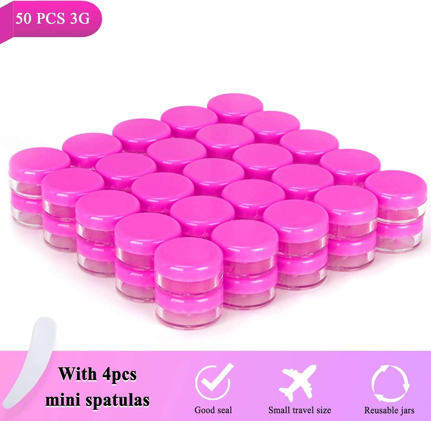 50PCS 3 Gram Sample Containers, 3ml Empty Jars with Lids, Small Cosmetic Containers, Mini Sample Jars with 4PCS Mini Spatulas for Make Up, Oils, Lotion, Powder, Paint, Jewelry, Lip Balms(Pink Lid)