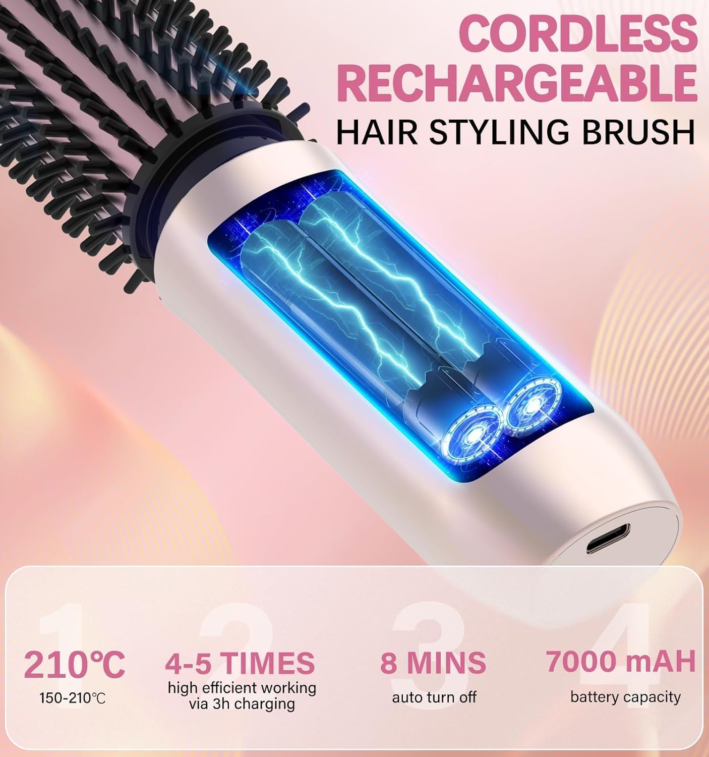 Cordless Curling Iron Rechargeable, Portable Travel Curling Iron Brush, 3-in-1 Hair Straightener Brush, Heated Round Curling Wand, 4 Temperature 7000mah Hair Curler Tool for Women - Rose Gold