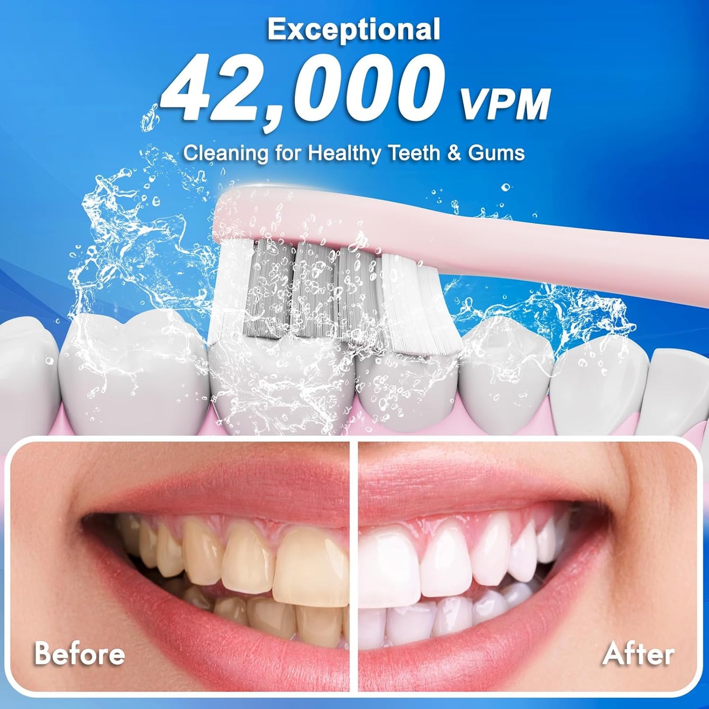 Sonic Electric Toothbrush for Adults & Kids, Rechargeable Electric Toothbrush with 10 Brush Heads & Travel Case, Teeth Whitening, Power Tooth Brush with Holder, Charge for 120 Days - Pink