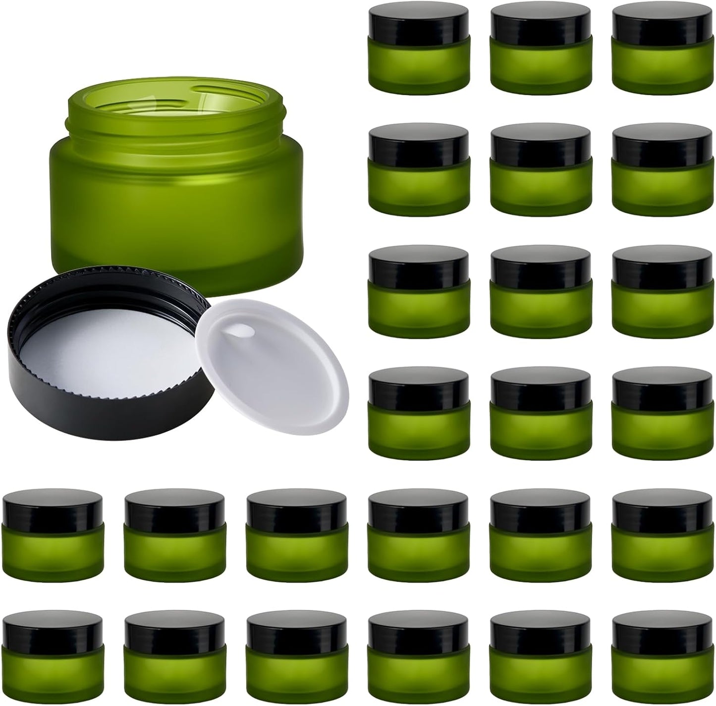 1oz Glass Jar with Lid, Hoa Kinh 25Pack Green Frosted Round Containers Cosmetic with Inner Liners and Black Lids Travel Jars for Storing Lip and Body Scrub, Lotion, Body Butter, Bath Salts, Liquid