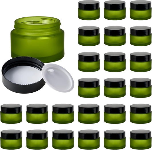 1oz Glass Jar with Lid, Hoa Kinh 25Pack Green Frosted Round Containers Cosmetic with Inner Liners and Black Lids Travel Jars for Storing Lip and Body Scrub, Lotion, Body Butter, Bath Salts, Liquid