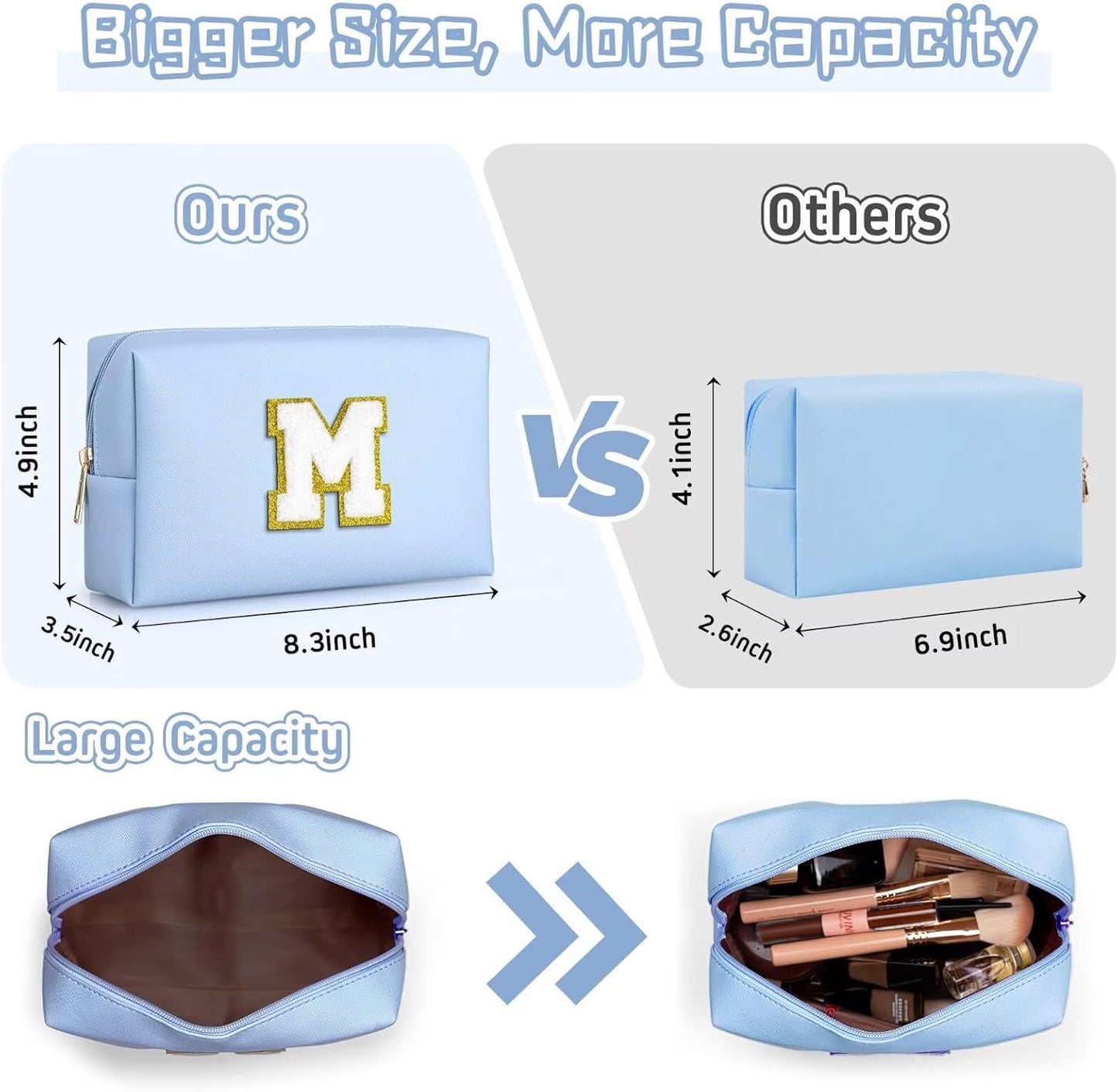 TOPEAST Travel Makeup Bag, Personalized Initial Toiletry Bag w Zipper, Cute Makeup Pouch, PU Leather Waterproof Cosmetic Bag, Birthday Gift for Daughter, Preppy Things for Girls (Sky Blue G)