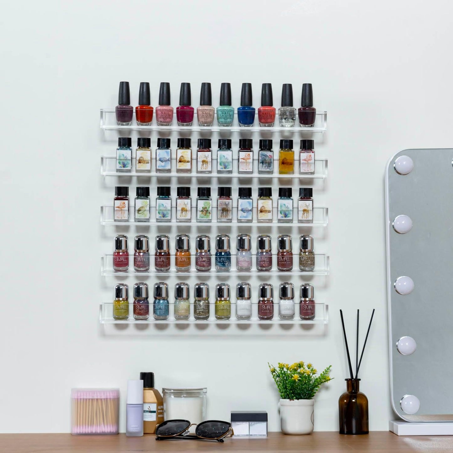 MyGift 16 Inch Wall Mounted Premium Clear Acrylic Nail Polish and Essential Oil Display Shelves, Kitchen Hanging Racks for Seasoning Shakers or Spice Jars, Set of 5