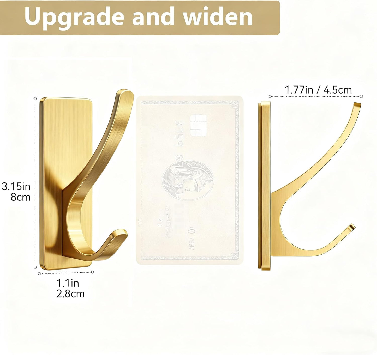 pickpiff Self Adhesive Coat Hooks for Hanging, Heavy Duty Stainless Double Wall Hook for Towel, Backpack, Hat, Sturdy Metal Hanger for Bathroom, Bedroom, Door, Wall Mounted, 6-Pack, Brushed Gold