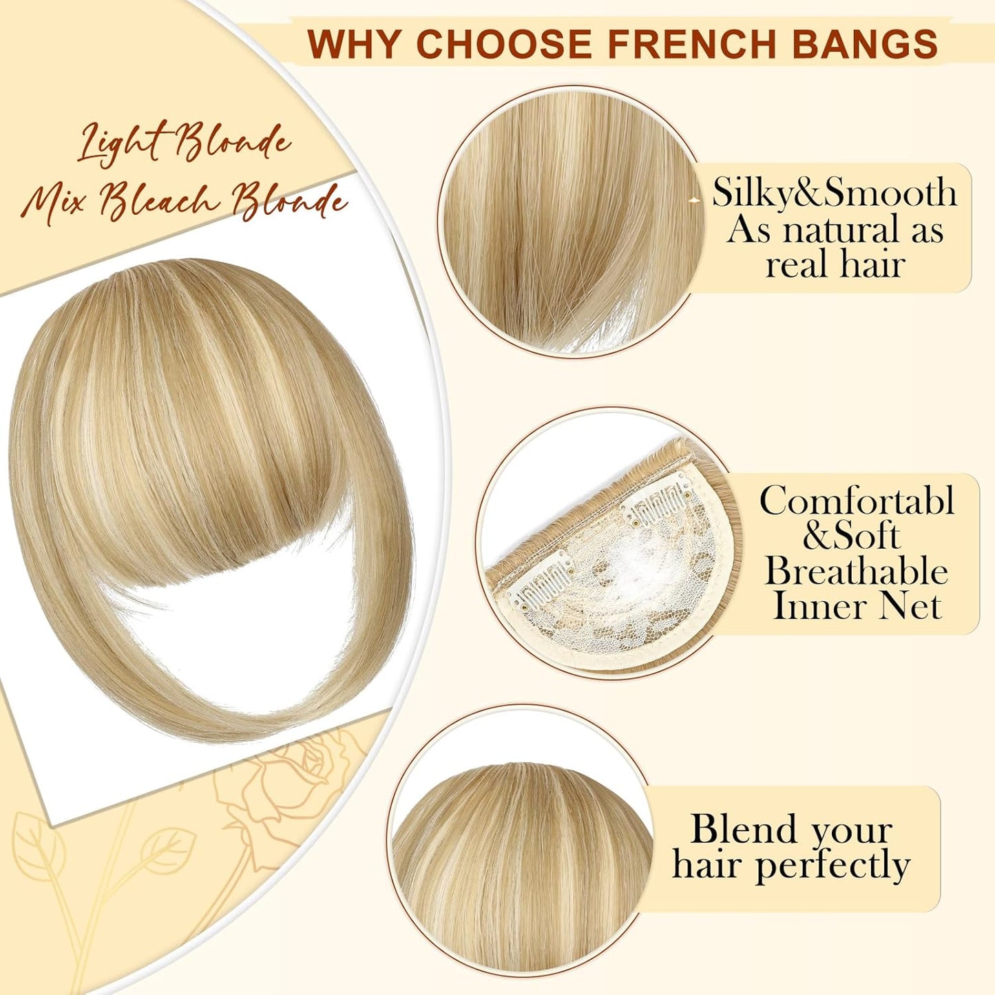 Bangs Clip in Natural Clip-In Faux French Bangs, Easy Curved Blonde Fringe Temples Hairpieces for Daily Wear