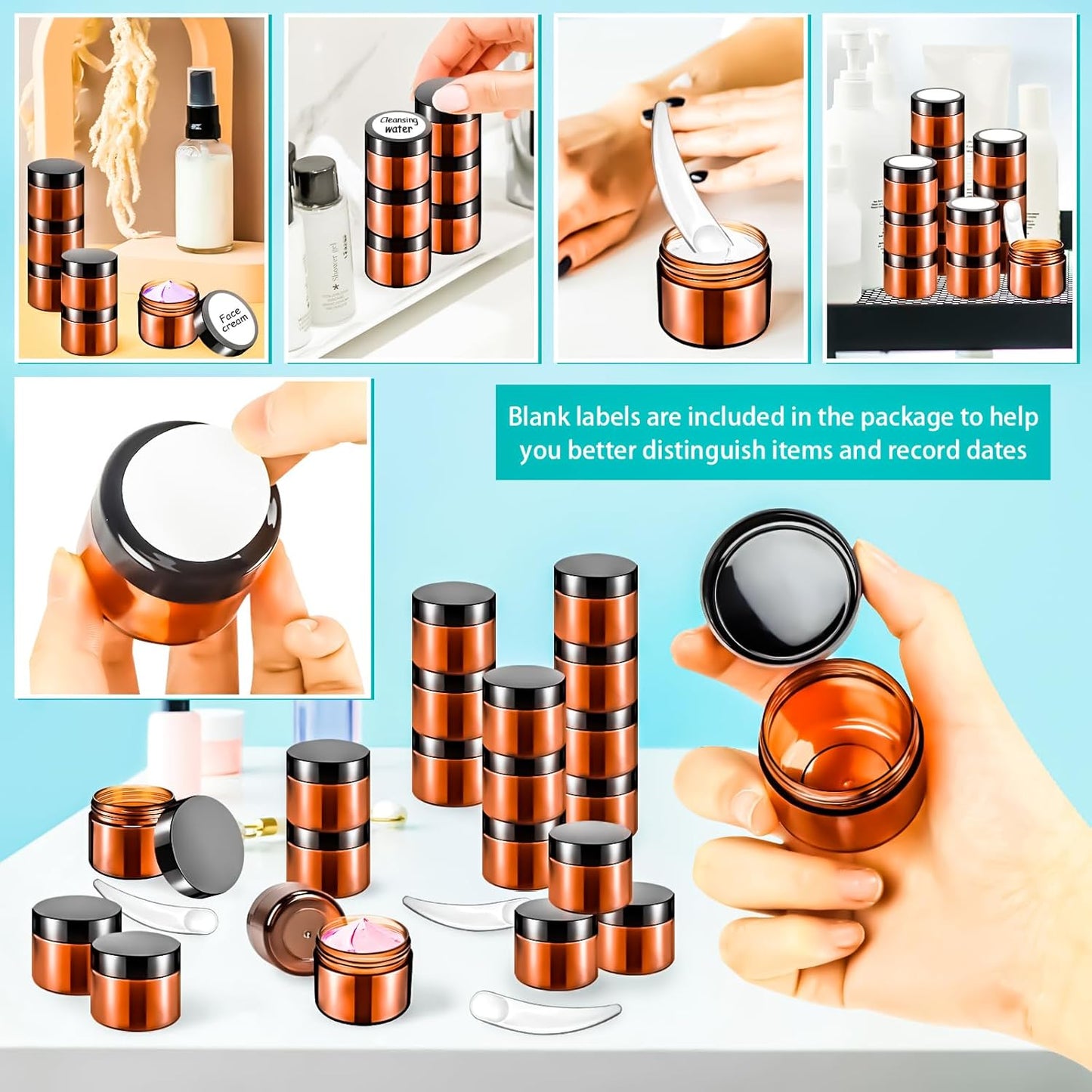 MotBach 35Pack Amber 20g Plastic Jars Containers, 20ml Travel Size Container Jars with Lids, 0.7oz Small Travel Cosmetic Container Jar for Toiletries Cream Makeup Cosmetic LipBalm Sample Powder Lotion