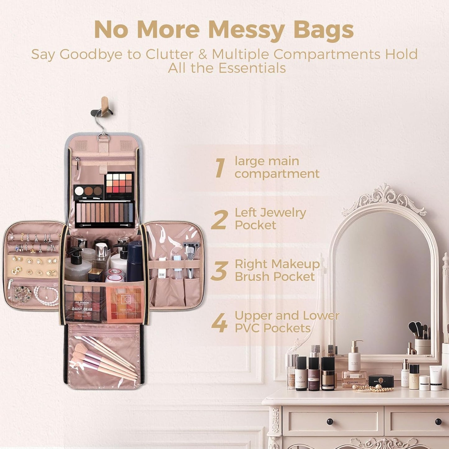 Hanging Toiletry Bag & Makeup Bag for Women with Jewelry Organizer - TSA Approved Large Capacity Travel Cosmetic Organizer, Waterproof Shower Essentials Case with Transparent Pockets