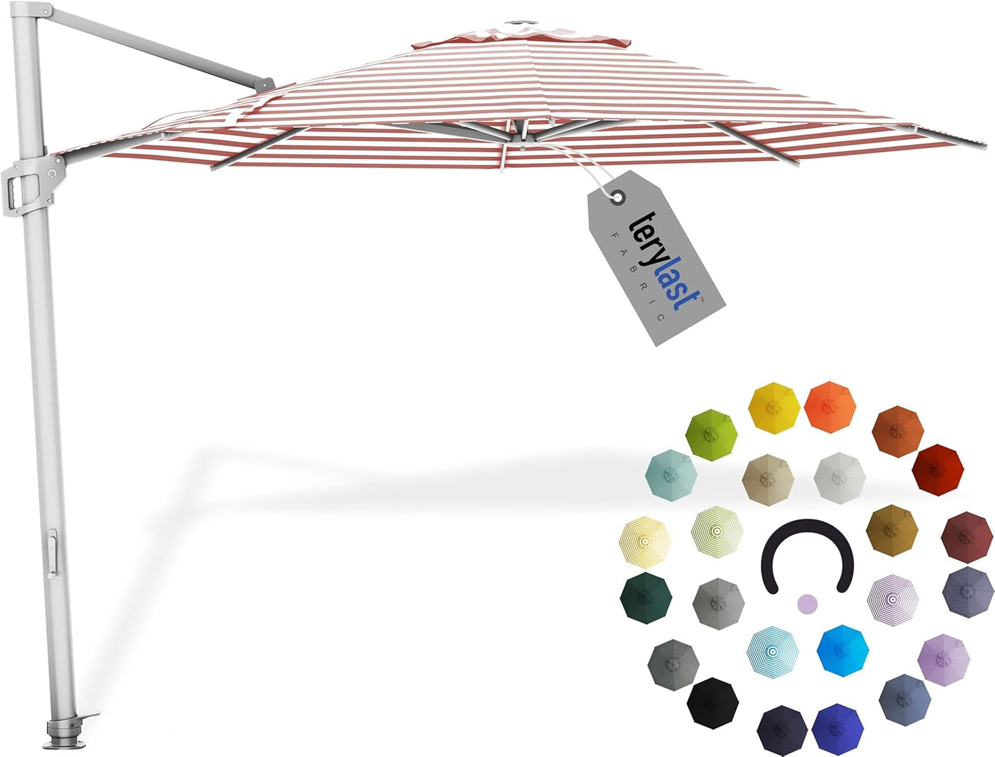 Midtown Umbrellas 10 Ft Outdoor Cantilever Patio Umbrella w/Terylast Red Stripes Fabric - Rotate 360° Offset Patio Umbrella, Deck Patio Umbrella, Backyard Umbrella & Garden Umbrella - Silver Frame