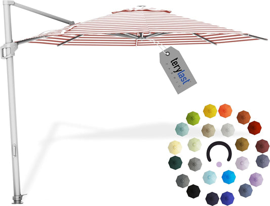 Midtown Umbrellas 10 Ft Outdoor Cantilever Patio Umbrella w/Terylast Red Stripes Fabric - Rotate 360° Offset Patio Umbrella, Deck Patio Umbrella, Backyard Umbrella & Garden Umbrella - Silver Frame