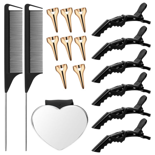 17 Pieces Hair Parting Tools Set Heart, Included 8P Hair Parting Ring 2P Metal Rat Tail Comb 6P Hair Sectioning Clip with 1P Magnetic Wrist Sewing Pin Holder for Braiding (Black)