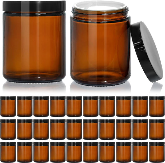 KEYWING 30Pack Amber Glass Jars with Black Lids, 8 oz Empty Cosmetic Jars with Inner Liners, Round Lotion Containers for Cream, Powders and Ointments