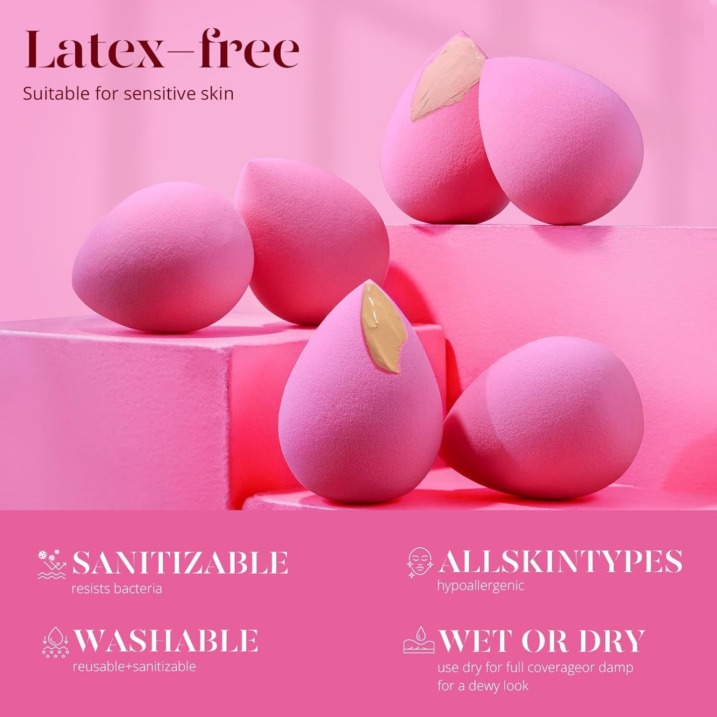 BEAKEY Super Soft Makeup Sponge Set of 6, Makeup Sponges for Foundation, Liquid, Cream and Powder, Pink Beauty Sponge for Blending, 0 Latex Blender