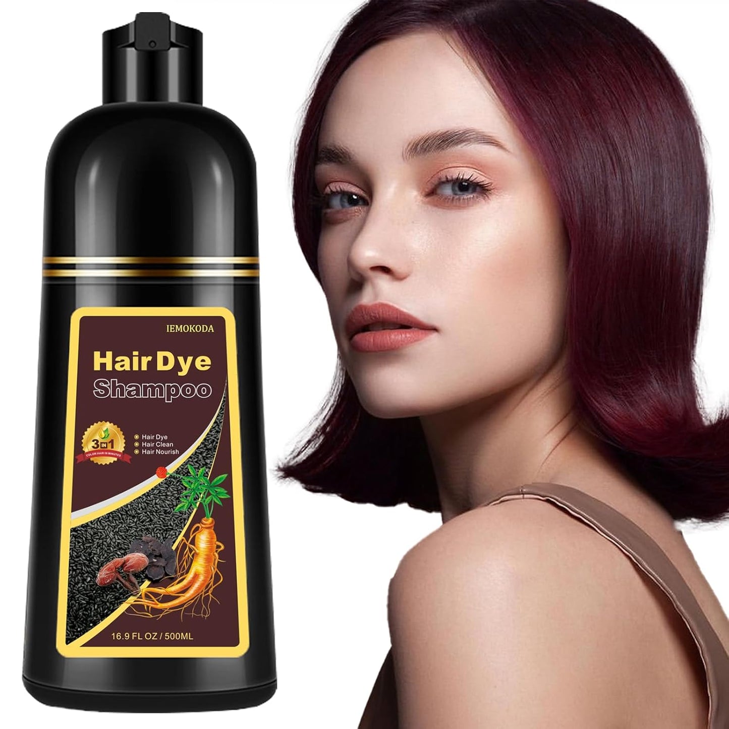 Natural Dark Wine Red Hair Dye Shampoo, 3 IN 1 Burgundy Hair Dye Shampoo, Wine Red Hair Nourishing & Dyeing for Men Women Colors in Minutes, Instant Red Hair Dye for All Hair Types（Dark wine red）