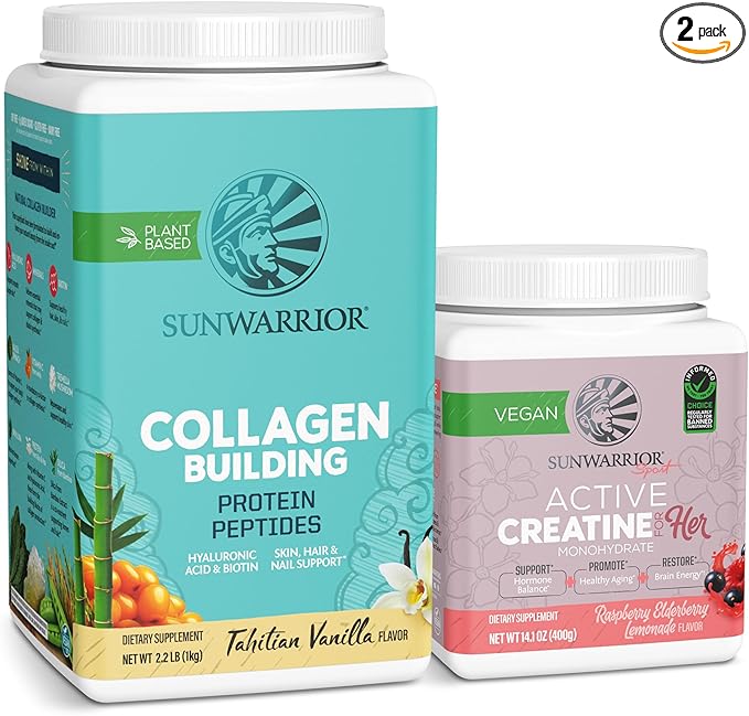 Sunwarrior Vegan Collagen Building Powder Vanilla Flavored 40 Servings & Creatine Monohydrate Powder for Women Berry Lemonade Flavored 50 Servings