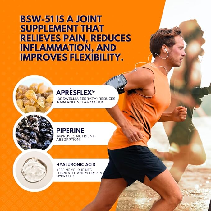 BSW-51 Hyaluronic Acid Supplement – Boswellia Serrata AprèsFlex®, Hyaluronic Acid & Piperine – 30 Caplets, 860mg – Joint Comfort, Mobility & Stronger Cartilage Support