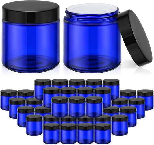 Tecohouse 4 oz Glass Jars with Lids, 48 Pack Blue Cream Canning Mason Jars with Lids, White Labels & Inner Liners, Empty Airtight Round Clear Slime Containers for Spice, Lotion, Ointments