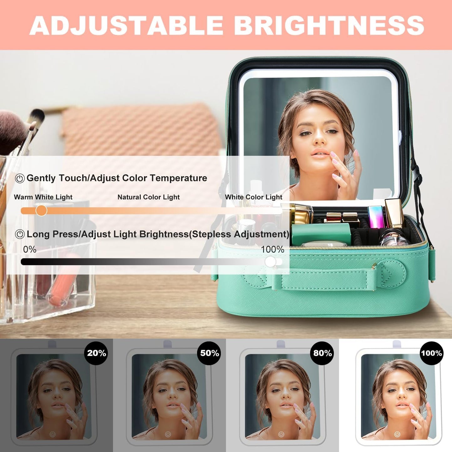 Mocado Travel Makeup Bag with LED Lighted Mirror, Travel Makeup Organizer, Makeup Case with 3 Color Lighted Setting and 10x Magnifying Mirror, Portable Storage and Adjustable Dividers (Powdery Green)