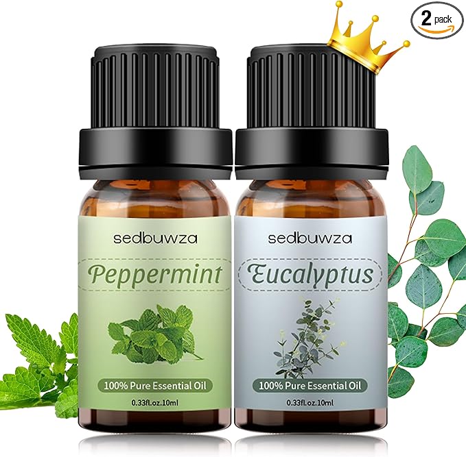 Sedbuwza Peppermint Eucalyptus Essential Oil Set, Peppermint Fragrance Oil Eucalyptus Scent Oil Set for Diffuser, Aromatherapy, Massage, Soap, Candle Making 2 x 10 ml