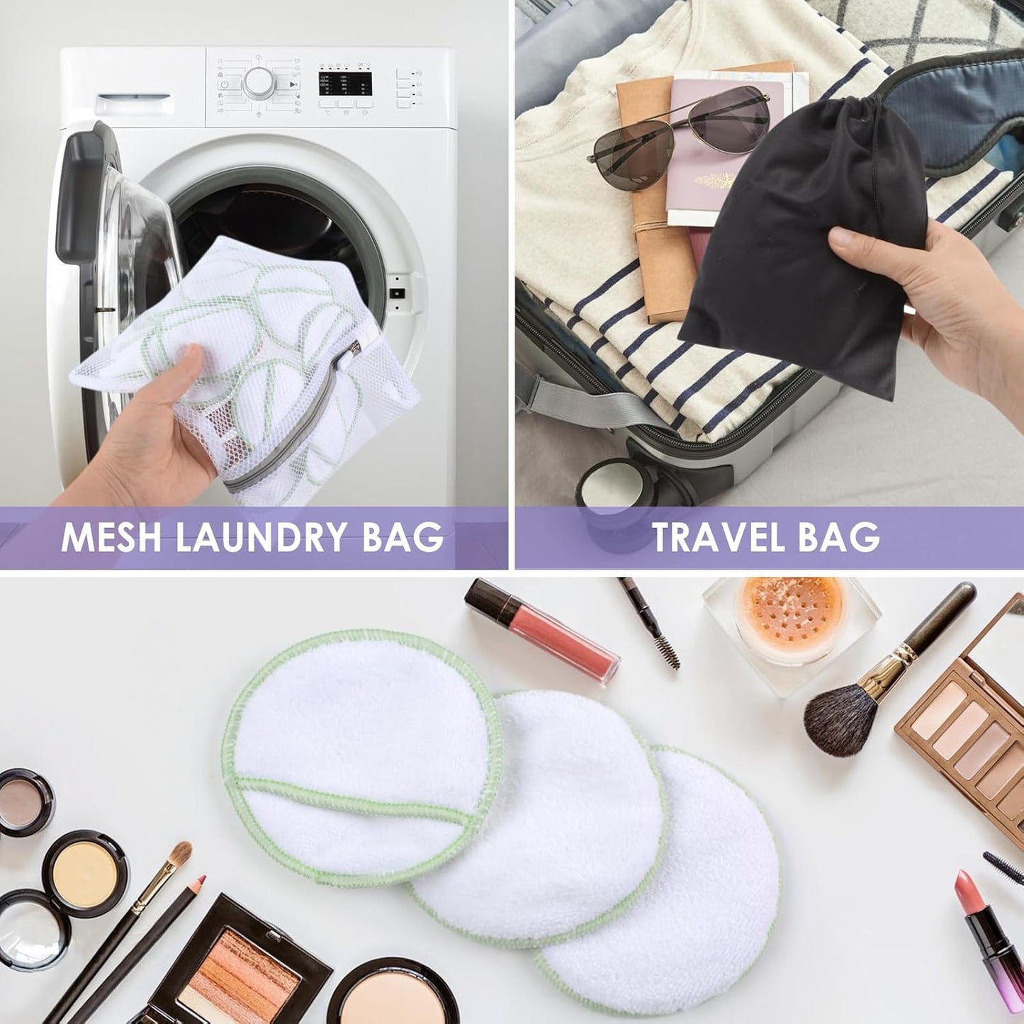 SUNLAND Reusable Makeup Remover Pads for Face,Eye,Lips 16 Pack Microfiber Face Cleansing Gloves Washable with Laundry Bag and Travel Bag Rounds Toner Pads（Round 3.15inchx16 White）