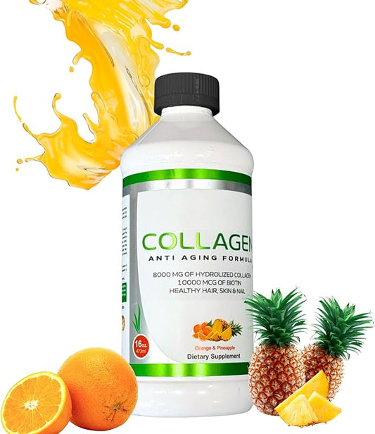 Liquid Collagen for Women & Men-Pine'O'Range Flavored Premium Grade 10000 mcg Biotin+8000 mg of Hydrolyzed Collagen for Radiant Skin Glow,Anti-Aging,Hair Growth & nice Nails.16 fl oz-Made in USA