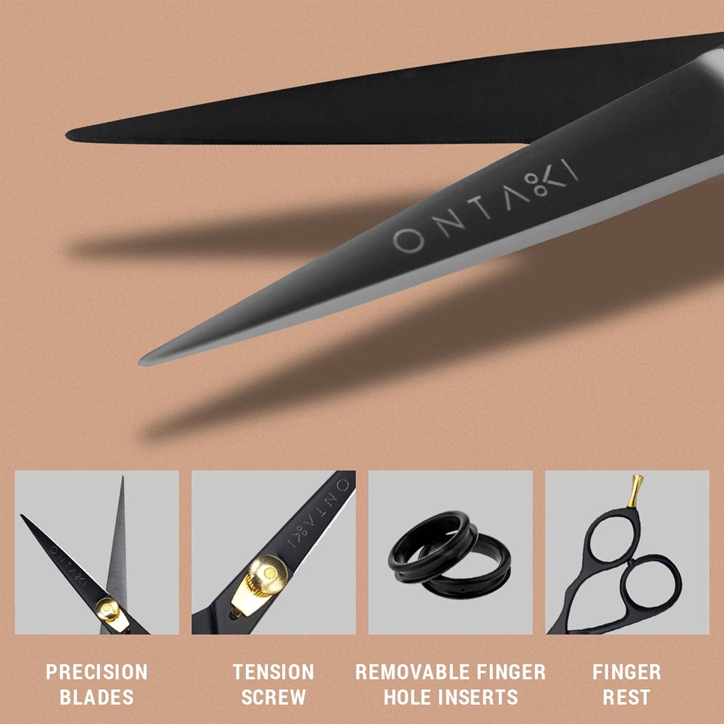 Ontaki Japanese Steel Beard Scissors for Men - 5.5" Ergonomic Black, Right-Handed - Scissors & Comb Travel Set, Beard Grooming Kit with Mustache Comb & Carry Pouch, Blunt-Tip Facial Hair Shears