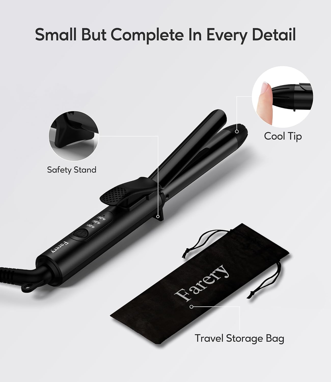 FARERY Mini Curling Iron Dual Voltage, 3/4 Inch Travel Curling Iron with 3 Adjustable Temperature, Ceramic Mini Hair Curler with Argan Oil & Keratin Infused, Travel Size Curling Wand with Storage Bag