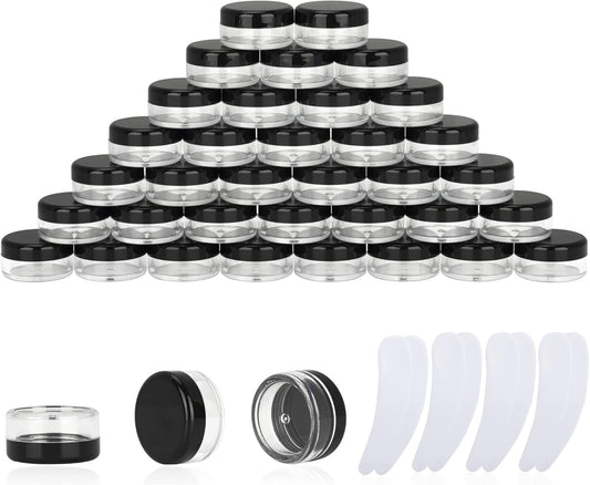 100PCS 3 Gram Sample Containers, 3ml Empty Jars with Lids, Small Cosmetic Containers, Mini Sample Jars with 8PCS Mini Spatulas for Make Up, Oils, Lotion, Powder, Paint, Jewelry, Lip Balms(Black Lid)