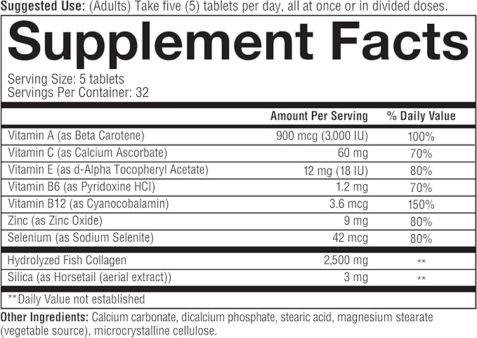 Youtheory Marine Collagen - 2,500 mg Hydrolyzed Collagen - Supports Skin* - Fish-Sourced Supplement with Vitamin C, A, E, B6, B12 & More - Highly Digestible & Absorbable - 160 Tablets