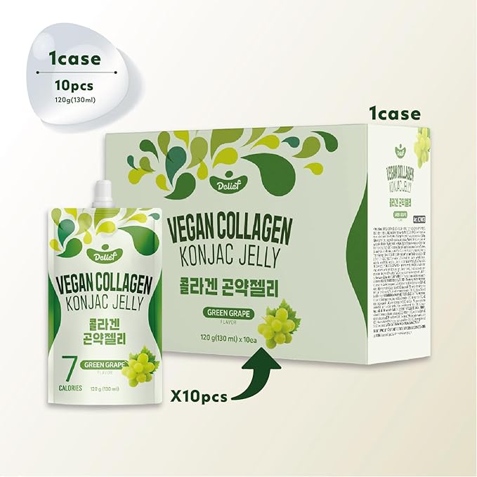 Vegan Collagen Konjac Jelly (Green Grape Flavor) 120g x 10 Packs – Low-Calorie Fruit Gel Snack, Gluten-Free, Plant-Based, 7 kcal per Pouch
