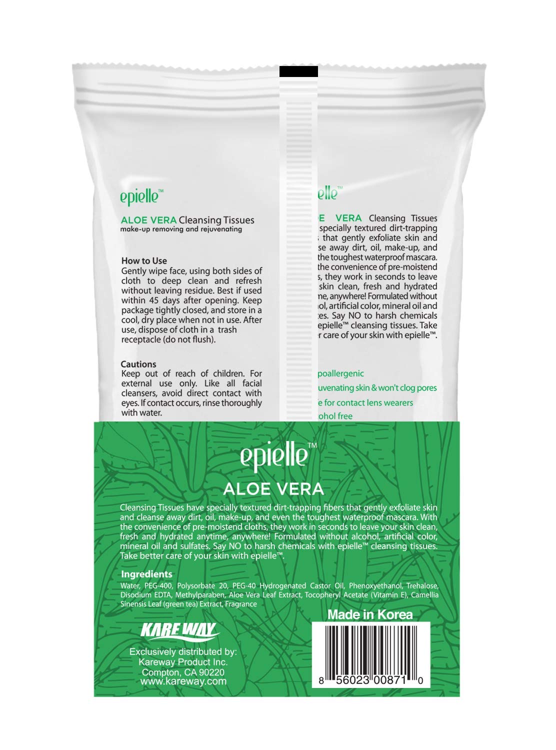 Epielle Aloe Vera Makeup Remover Wipes, Gentle Daily Facial Cleanser Towelettes, Remove Dirt, Oil & Waterproof Mascara, Hypoallergenic & Alcohol-Free, 60 Count (Pack of 2)