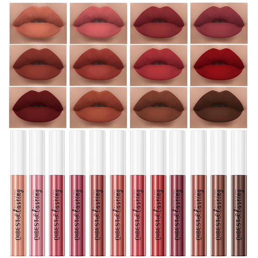 12Pcs Makeup Matte Lipstick Lip Kit, Warm Neutrals & Vintage Reds Non-Stick Cup Not Fade Liquid Lipstick Waterproof Long Lasting Durable Nude Lip Gloss Beauty Cosmetics Gift Box Makeup Set Kit