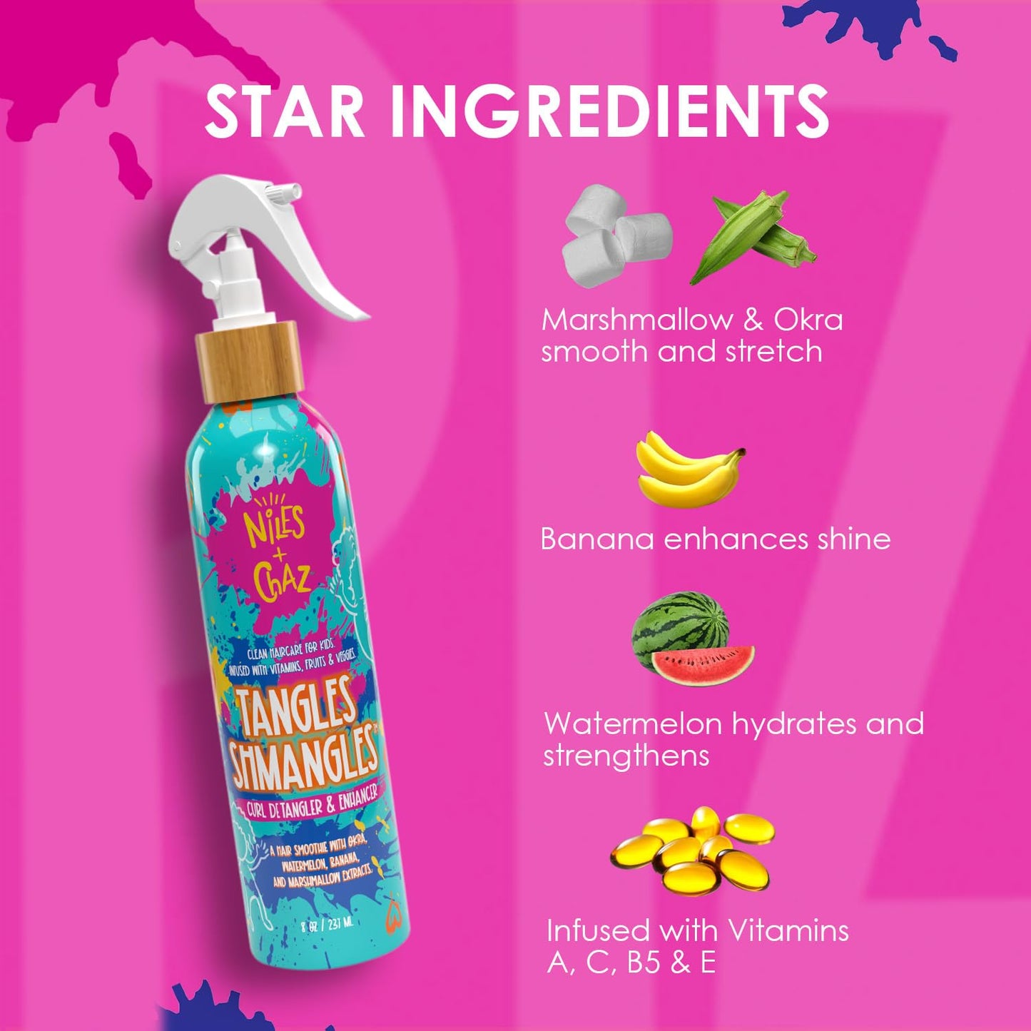 Niles and Chaz Tangles Shmangles Kids Detangler & Curl Enhancer - Hydrating Leave In Conditioner - Define Curls, Reduce Frizz - Sulfate, Paraben, Silicone Free - For Curly, Coily, Wavy Hair, 8 fl oz