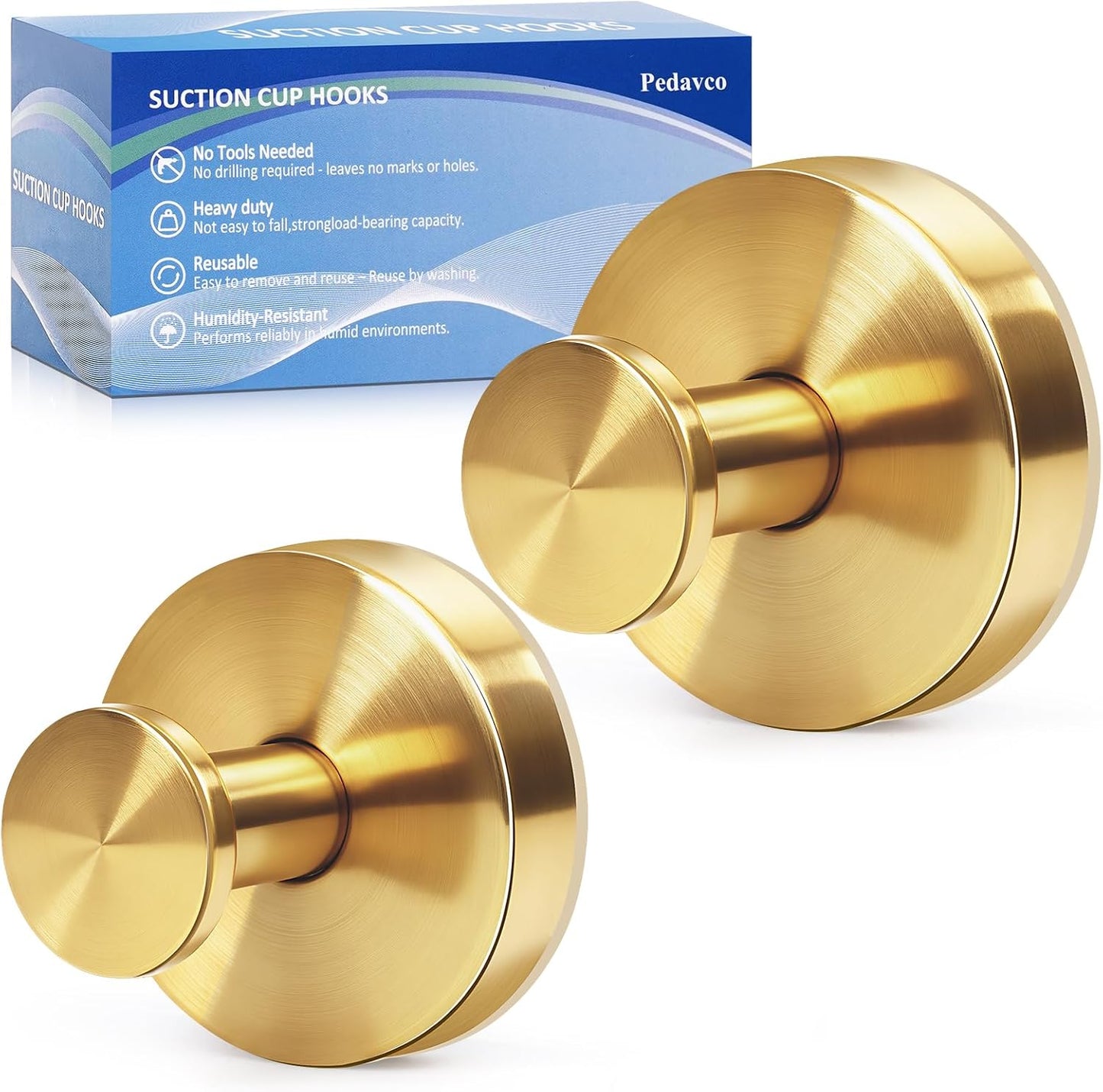 Suction Cup Hooks for Shower No Drill - Heavy Duty Stainless Steel Bathroom Hooks, Wall Mounted for Towels, Robes, Loofah - Works on Tile, Glass, Mirror, Kitchen (Gold, 2 Pack)