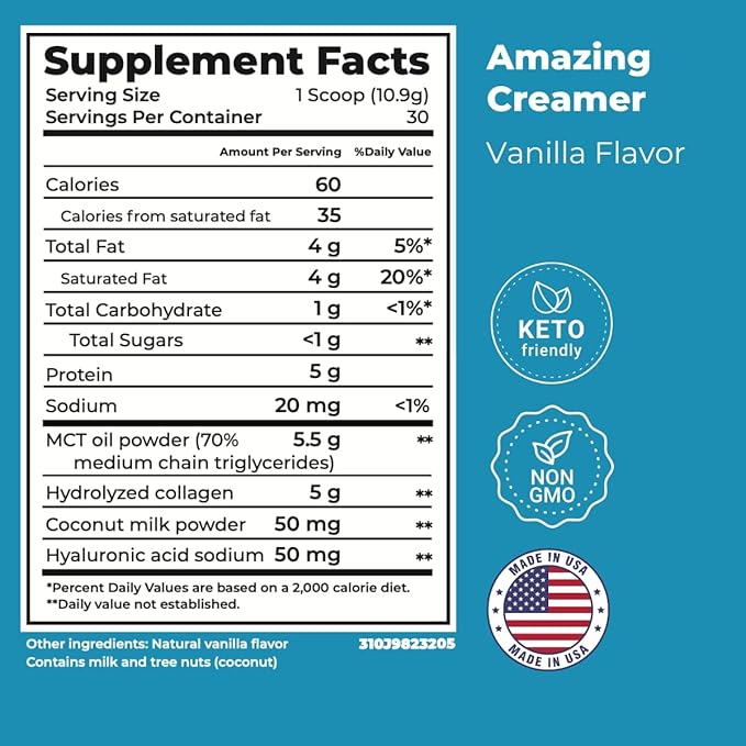 Superfoods Company Amazing Creamer with Collagen - Keto Creamer-Hyaluronic Acid & MCT Oil - Brain Boost & Curbs Cravings - Supports Healthy Skin & Hair - Diet-Friendly [60 Servings] [Vanilla]