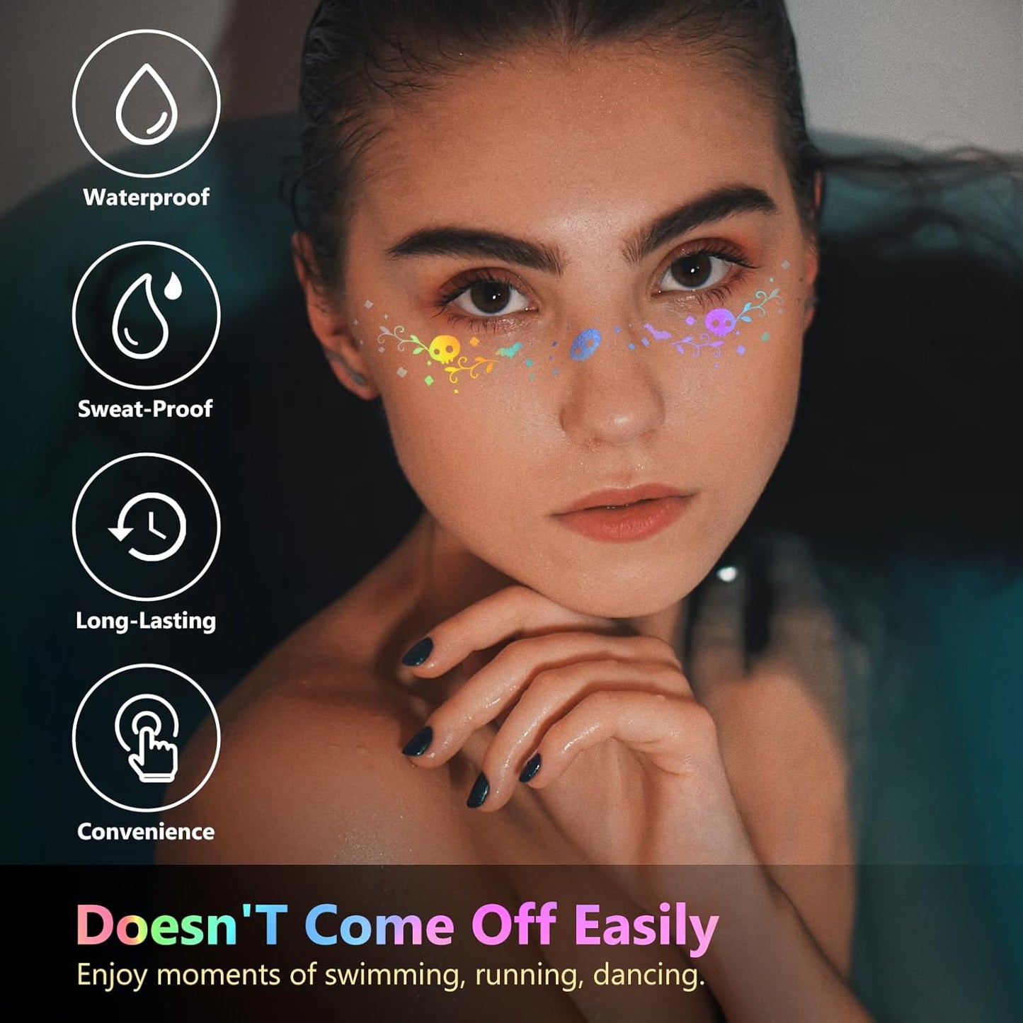 HyperFun 12Pcs Halloween Face Glitter Freckles, Glitter Freckles Face Tattoo Sticker, Holographic Multichrome Waterproof Sparkle Freckles Makeup Patches for Women Rave Festival Accessories Party Prom