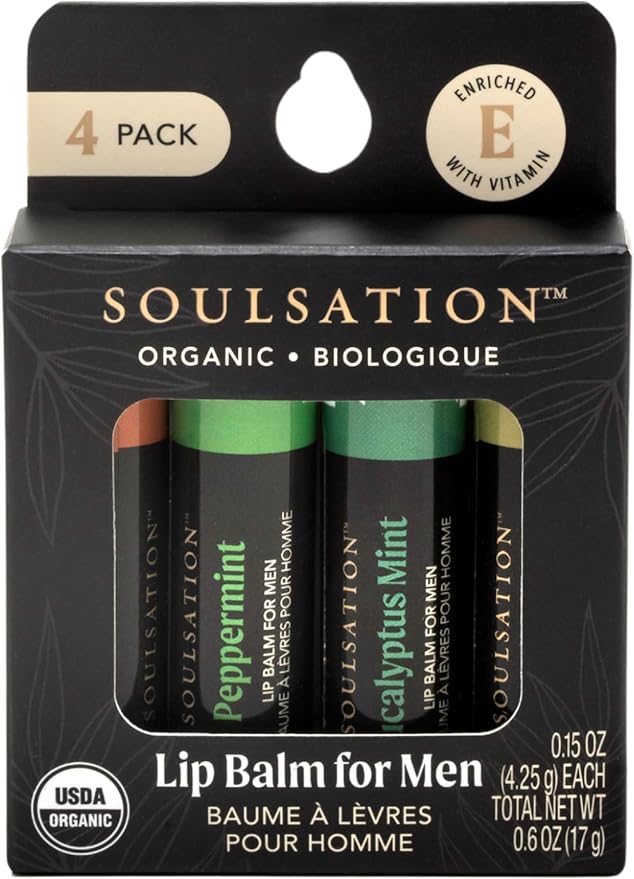 Organic Lip Balm Set for Men - 4 Flavors - 100% Natural Moisturizing for Cracked & Dry Lips