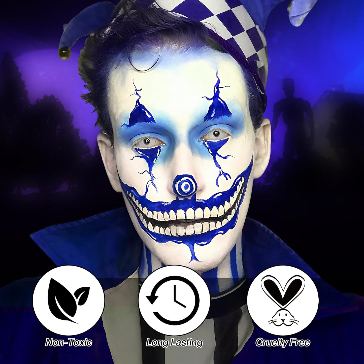 Black White Blue Face Paint Kit – 3×50g Oil-Based Grease Makeup with Remover Balm, Brushes & Sponges – Sweat-Proof, Easy On & Off SFX Makeup for Halloween, Cosplay, Ghost & Ice-Themed Stage Looks