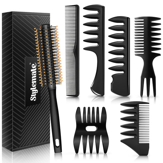 Men's Hair Styling Combs and Brush Set - Roller Brush for Adding Volume, Pompadour, Slicked-back, Fauxhawk, Undercut Styling Combs