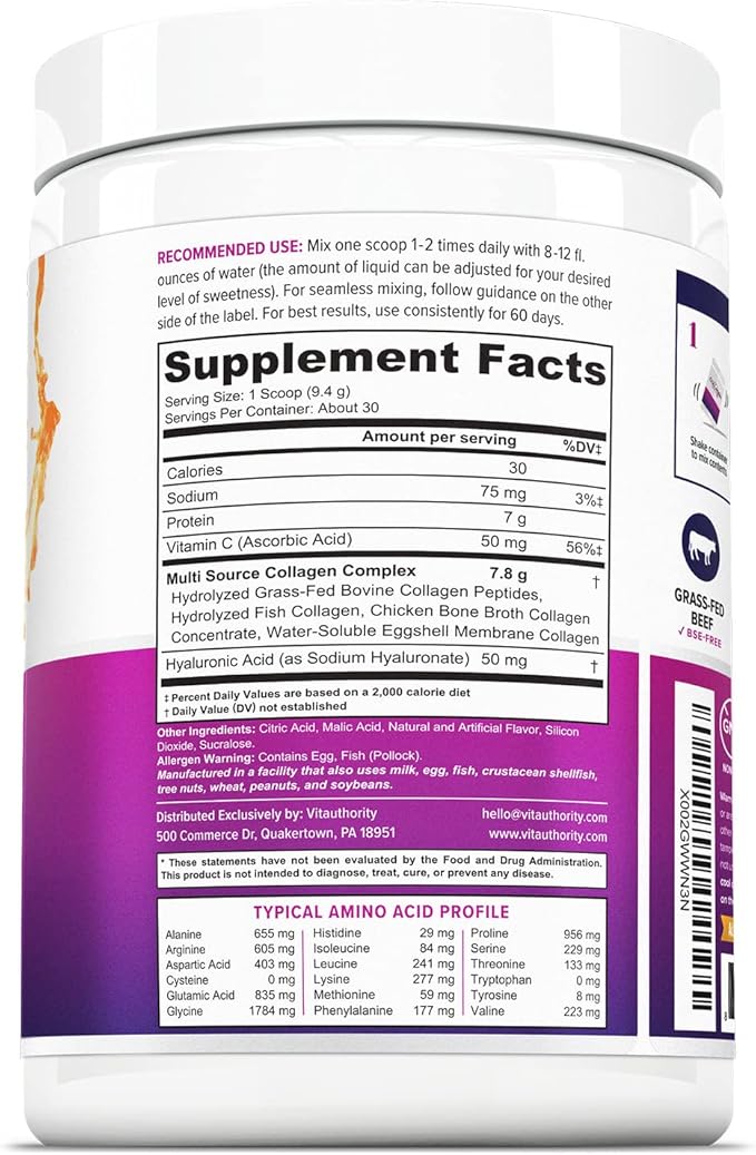 Vitauthority Multi Collagen Peptides Tropical Punch and Phytoceramides