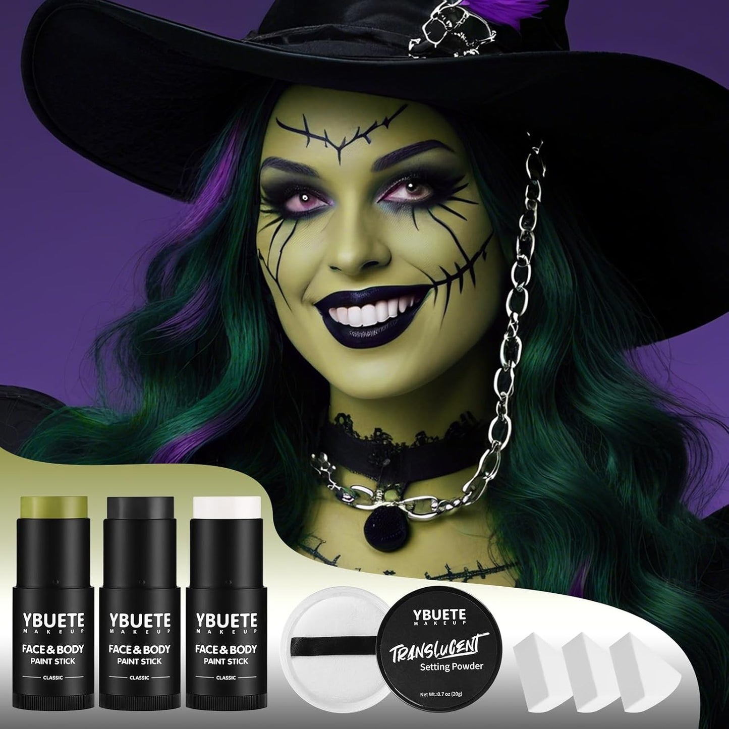 Black White Ogre Green Face Body Paint Stick Set with Translucent Setting Powder and Sponges, Professional Full Coverage Face Painting for Adults Halloween Cosplay SFX Skull Witch Hulk Makeup
