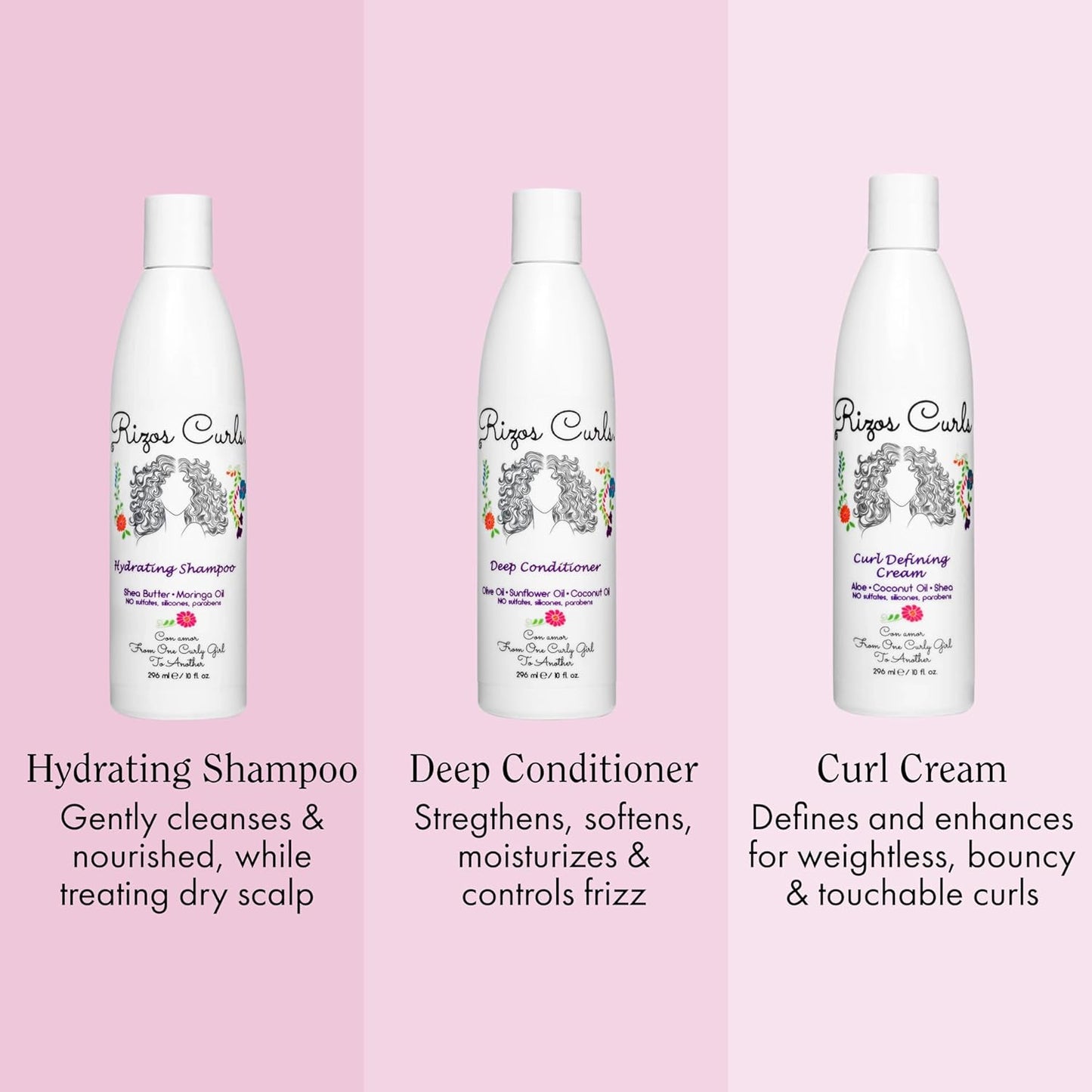 Rizos Curls Trio Bundle, Hydrating Shampoo & Deep Conditioner & Curl Cream Bundle, Gently Cleanse and Hydrate Curly Hair, Style & Define Curls for Frizz Free Volume, For All Curl Patterns 2a - 4c