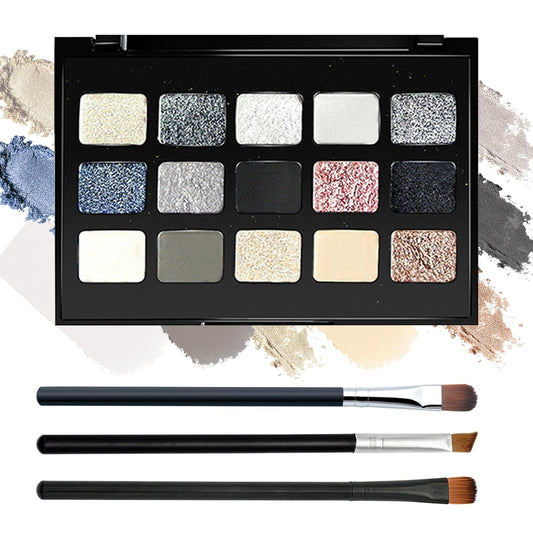 Black Grey Smoky Eyeshadow Palette,15 Colors Matte Shimmer Pigmented Eye Shadow Makeup Palette Set with 3 Eyeshadow Brushes,Glitter Eyeshadow Makeup Palette for Daily Halloween Goth Makeup(M)