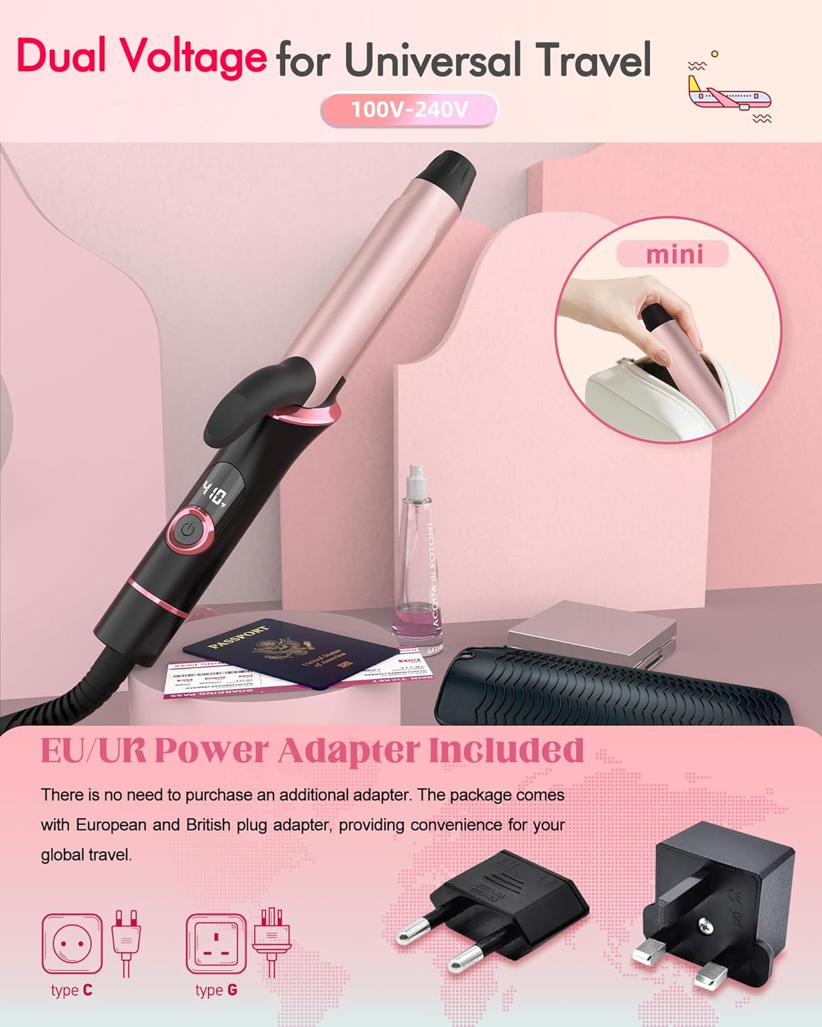 Mini Curling Iron for Travel, Dual Voltage Curling Wand with European, UK Plug Adapter, Small Wave Hair Curler for Short, Long Hair, Tiny Long Barrel Hot Tool Temp Control up to 410℉, 1 Inch