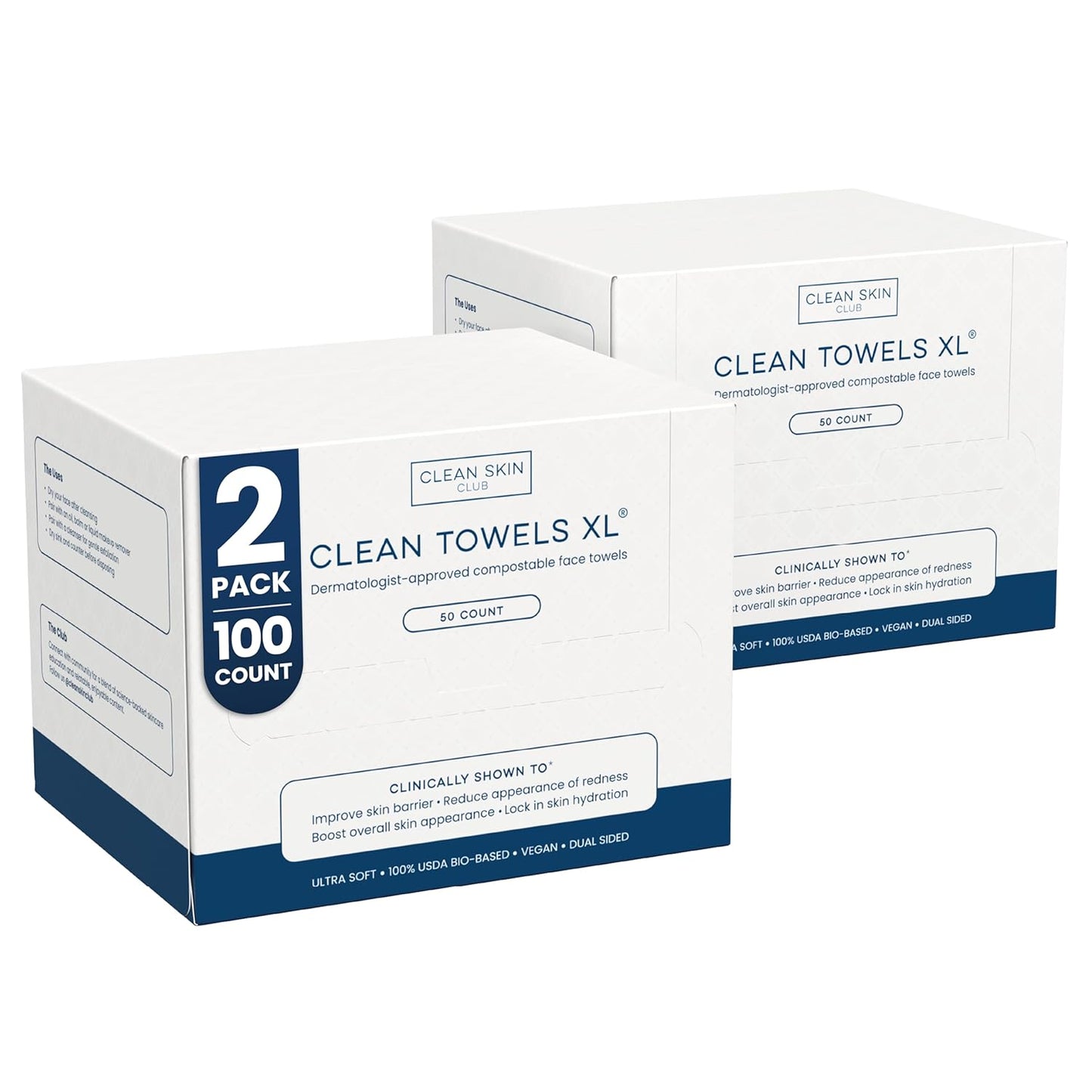 Clean Skin Club Clean Towels XL®, 100% USDA Biobased Face Towel, Disposable Face Towelette, Eczema Association Accepted, Makeup Remover Dry Wipes, Ultra Soft, 50 ct per pack, 2 Packs, 100 Ct Total